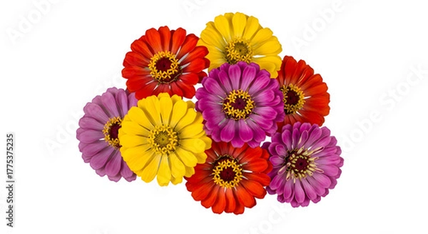 Fototapeta Vibrant Bouquet A Close-Up of Colorful Zinnia Flowers in Full Bloom with White Background
