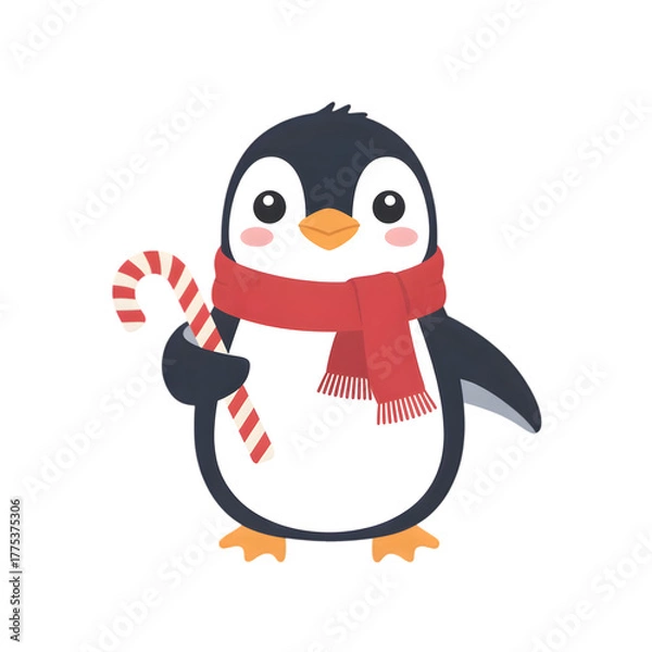 Fototapeta Cute penguin with red scarf holding candy cane isolated on a transparent background animal bird