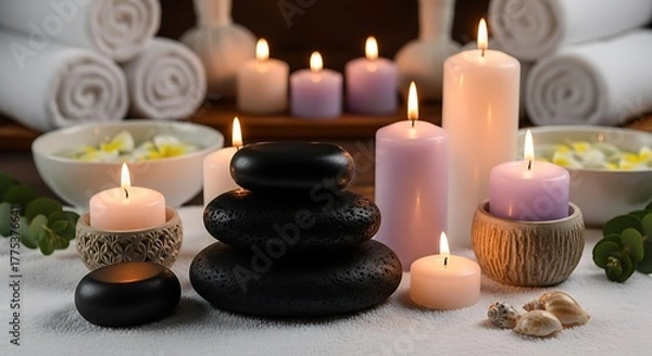 Fototapeta Spa relaxation scene with candles towels and hot stones on white surface