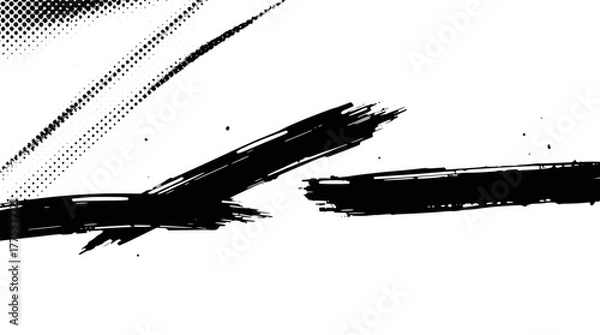 Fototapeta Abstract black brush strokes and halftone pattern isolated on white