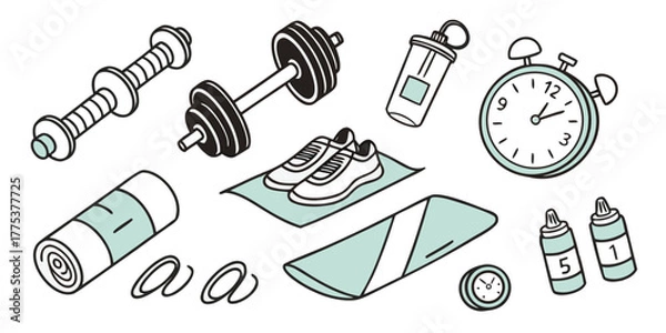Fototapeta Flat vector doodle set of essential gym and workout equipment, illustrating a healthy and active lifestyle with various fitness tools and accessories on a clean white background