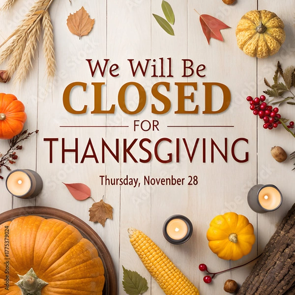 Obraz Office Closed For Thanksgiving, Thanksgiving Holiday Closure Notice, Office Out of Office Thanksgiving Graphic, Professional Thanksgiving Closing Sign, Company Holiday Hours Thanksgiving