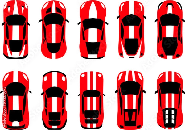 Fototapeta Set race car top view. Racing car set for 2D games. A collection of colorful vector race cars from overhead view, perfect for game or mobile app. Set of race street car, for game design