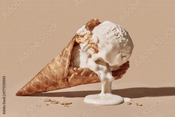 Fototapeta A cracked waffle cone filled with melting vanilla ice cream sits on a beige surface