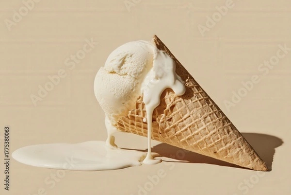 Fototapeta A cracked waffle cone filled with melting vanilla ice cream sits on a beige surface