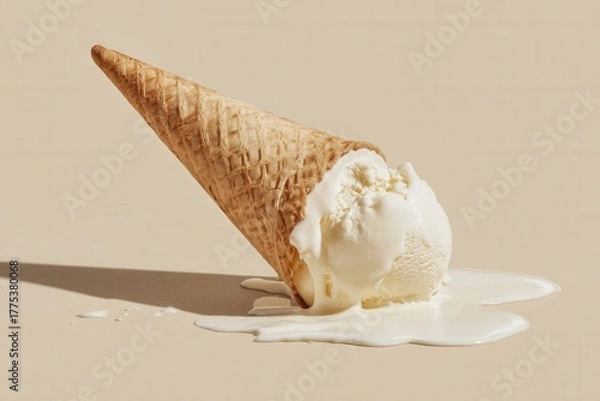 Fototapeta A cracked waffle cone filled with melting vanilla ice cream sits on a beige surface