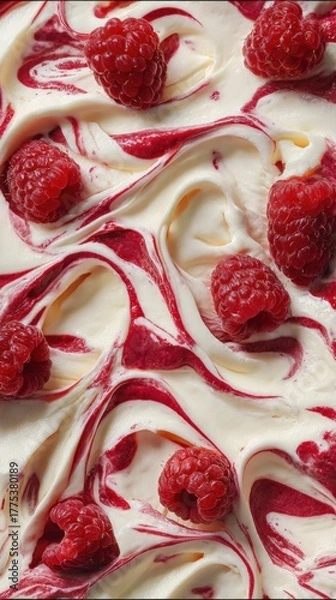 Fototapeta Swirls of creamy dessert blend with vibrant raspberry sauce