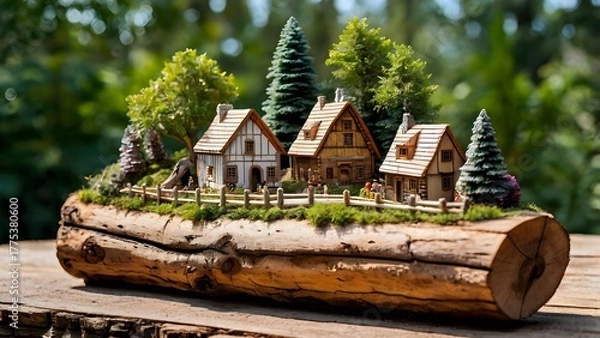 Fototapeta Miniature Village in a Log 2