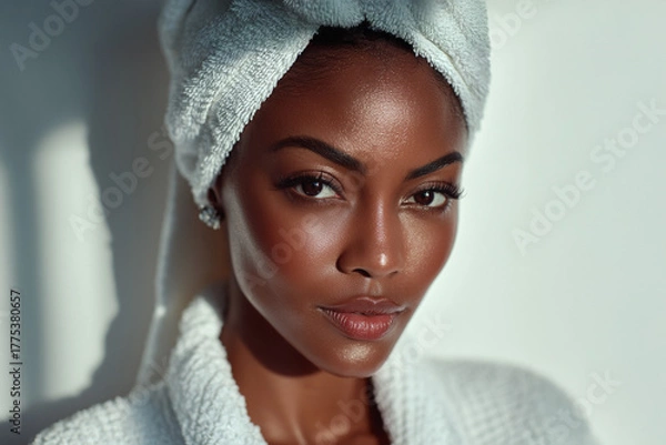 Fototapeta  Closeup of laughing woman with head wrapped in towel wearing soft bathrobe. Vogue style close-up portrait of beautiful black woman