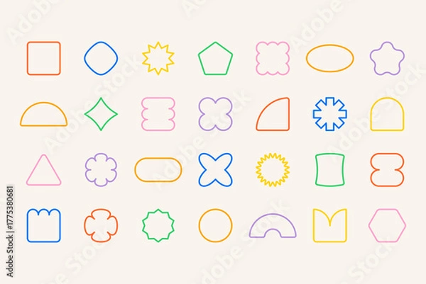 Obraz Abstract geometric shapes. Groovy stickers 70s 80s pop art style, retro colorful line funky geometry figures, Y2K organic badges for poster logo design. Vector isolated set