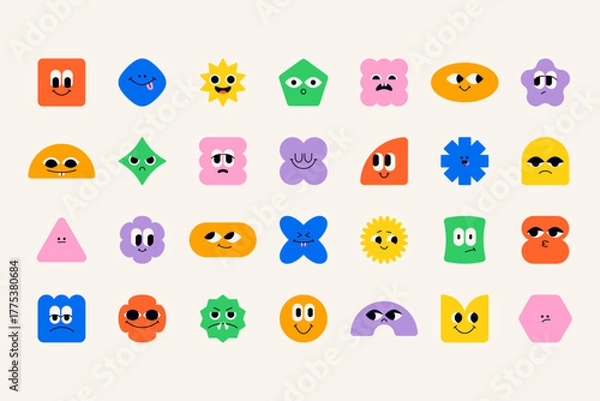 Fototapeta Cute geometric shape characters. Abstract funny geometry figures with faces with different emotions, square triangle circle rectangle rhombus smiling emojis. Vector isolated set