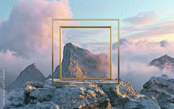 Fototapeta A golden frame stands amidst pastel mountains and soft clouds during a serene sunset. The vibrant colors blend together, creating a dreamlike atmosphere that captivates the viewer.