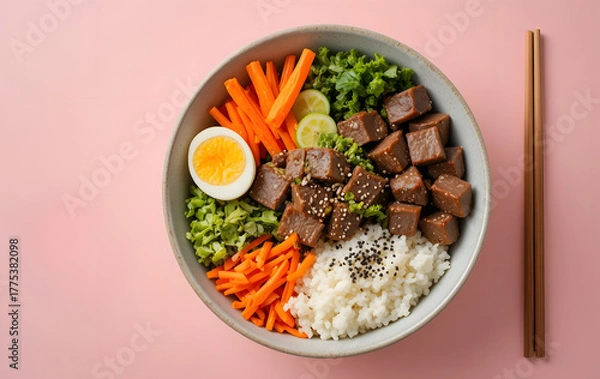 Obraz A beautifully arranged Japanese-style rice bowl featuring tender beef cubes, half-boiled eggs, shredded carrots, green vegetables with sesame seeds, and steamed rice sprinkled with black sesame.