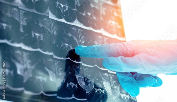 Obraz Mri scan of spine with disc protrusion highlighted by gloved hand