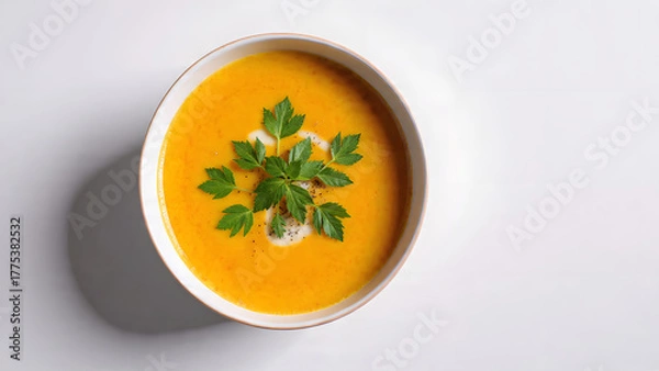 Fototapeta A bowl of smooth, creamy pumpkin soup topped with fresh parsley and a dash of cracked black pepper. Placed on a light-colored surface next to a slice of bread, the setup exudes warmth and an inviting,