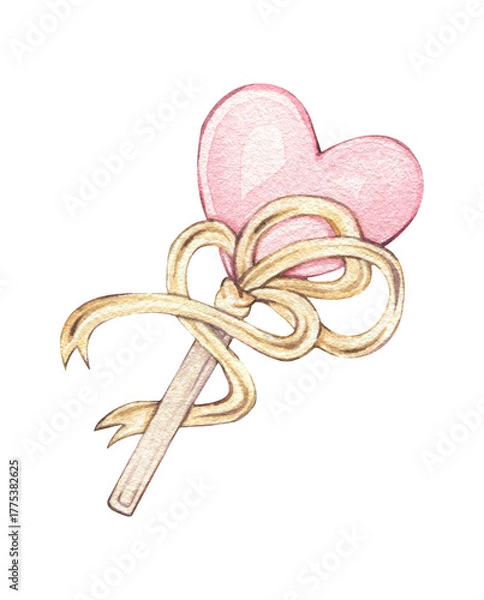 Obraz Watercolor wand with a heart and bow. Magic wand with a pink heart. Lollipop with a pink heart. Cute decoration for design and decoration. Valentine's Day.