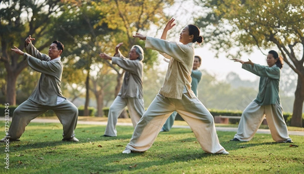 Fototapeta 高齢者が朝の公園で太極拳を行う穏やかな風景