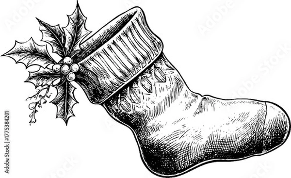 Fototapeta Intricately engraved christmas stocking with knit texture and holly accent for holiday design