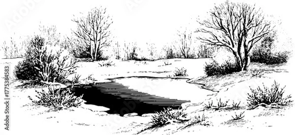Obraz Winter scene with frozen pond and snowy bushes for seasonal design