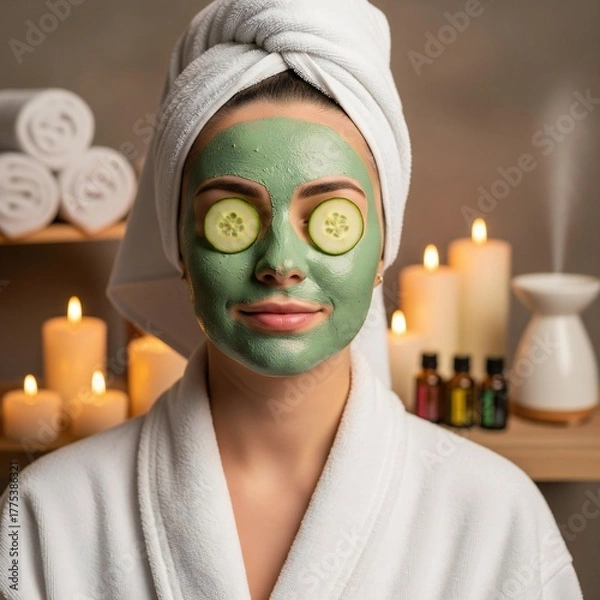Fototapeta Woman with green face mask and cucumber slices on eyes in a spa setting with candles and towels