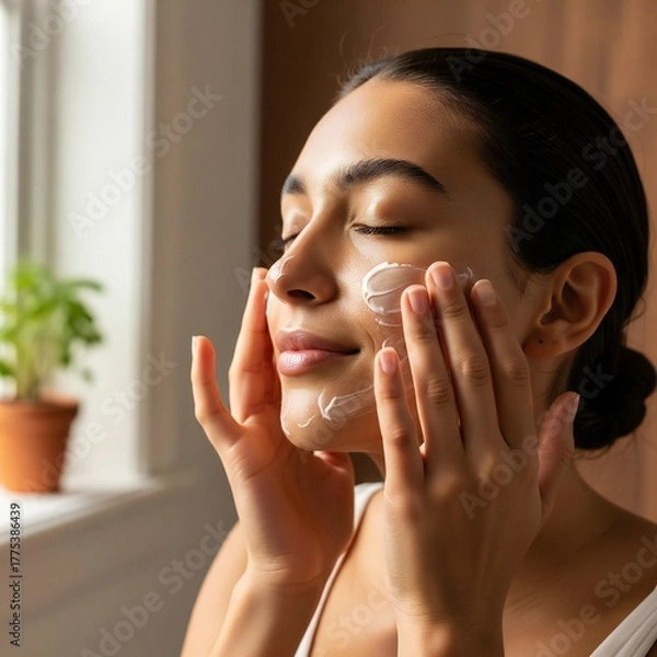 Fototapeta Woman applying cream to her face with eyes closed in a bright and airy bathroom setting indoors