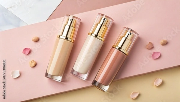 Fototapeta Three foundation bottles with gold accents and petals on a pink and beige background surface