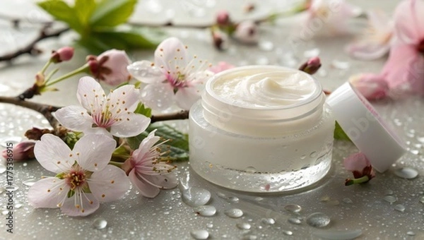 Fototapeta A jar of cream with pink blossoms and water droplets on a reflective surface, close up shot beauty