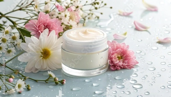 Fototapeta A jar of cream surrounded by pink and white flowers and water droplets on a light blue surface