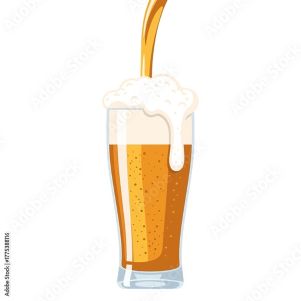 Fototapeta Golden beer being poured into a tall pilsner glass, creating a large, frothy white foam head that overflows down the side.