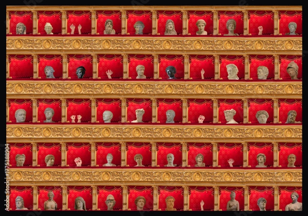 Fototapeta DREAM N°37 – The theatre of faces, surreal audience in red seats watching invisible stories