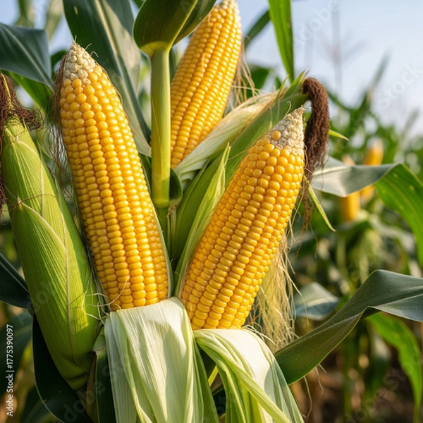 Obraz Fresh Sweet Corn on the Cob Growing in a Field Ready for Harvest