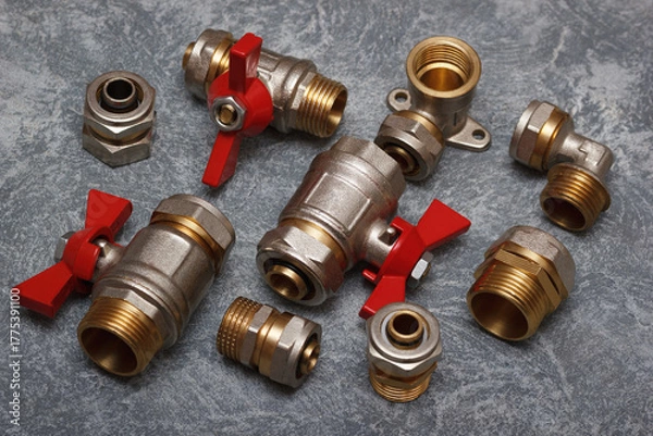 Fototapeta Brass and metal plumbing fittings and valves with red handles arranged on a gray background, showcasing various types of pipe connectors and adapters for water and gas systems.
