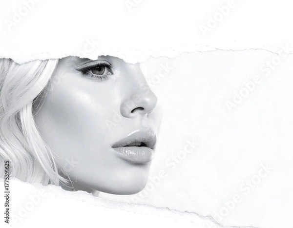 Obraz Monochrome close-up profile of a woman's face, revealing a portion through a torn paper effect. The image is high-contrast, focusing on facial features