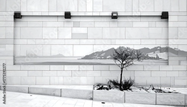 Obraz Monochrome exterior view featuring a minimalist design of a wall with a recessed landscape image and a small bare tree