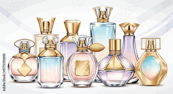 Obraz Luxury Perfume Bottle – Elegant Glass Beauty Spray with Golden Accents for Fragrance and Cosmetic Design