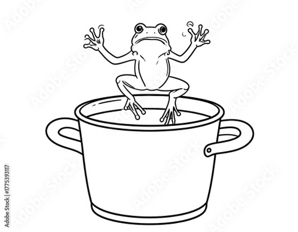 Obraz Monochrome illustration depicting a frog leaping from a metal pot filled with liquid. The amphibian's eyes show surprise or panic
