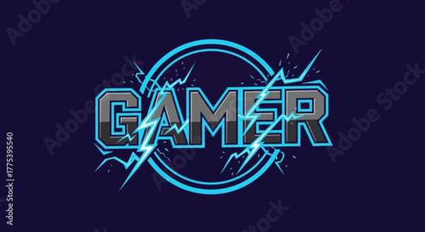 Obraz Dynamic 'GAMER' text logo with electric blue lightning and circular frame, perfect for esports branding and gaming channels