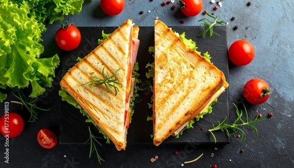Fototapeta Overhead shot of a delicious sandwich, cut in half, on a dark cutting board, surrounded by vibrant red tomatoes and green leafy lettuce