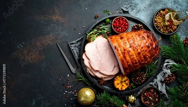 Fototapeta Overhead shot of a festive holiday dinner featuring a glazed ham, sliced and ready to serve, surrounded by decorative elements