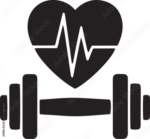 Fototapeta Black heart shape with heartbeat line sits atop dumbbell weightlifting equipment in transparent background