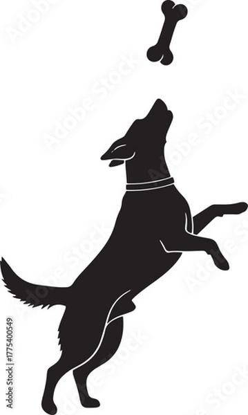 Obraz Black silhouette dog jumps for a bone above it, transparent background