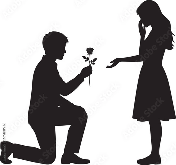 Fototapeta Black silhouette shows man offering a single rose to a surprised woman with transparent background