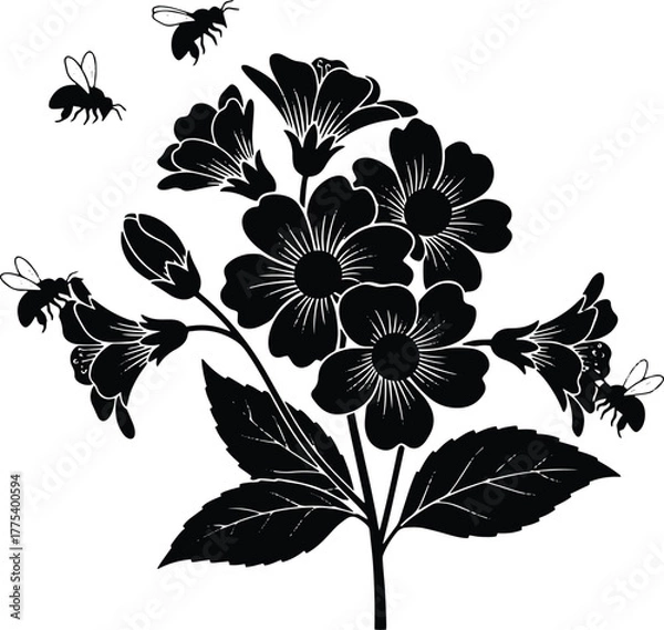 Obraz Black silhouette shows bees flying around blossoming flowers with large leaves in full bloom