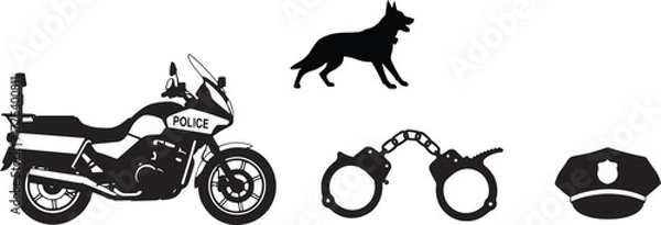 Fototapeta Isolated icons depict a motorcycle, dog, handcuff, and hat in solid black with transparency