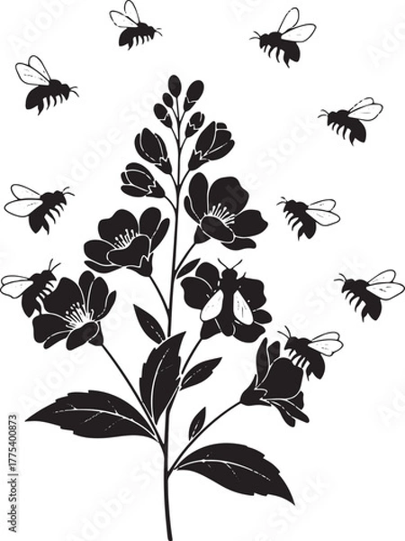 Fototapeta Several bees fly around a blossoming branch with dark flowers against a transparent background