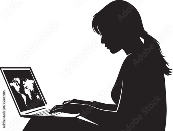 Obraz Silhouette of a focused young woman typing on laptop displaying world map information