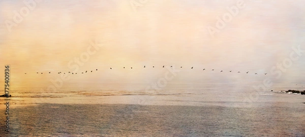 Fototapeta Monterey California sunset seascape with a flock of birds flying across the pastel sky, golden warm light over calm ocean surface, minimalistic composition, natural beauty, tranquil atmosphere, open n