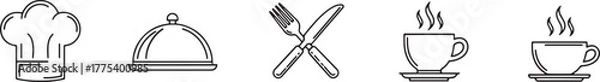 Fototapeta Simple linear drawing shows chef hat, food platter, silverware, and coffee cups on white