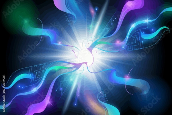 Obraz Abstract Energy Burst with Glowing Lights and Flowing Shapes in Vibrant Colors for Modern Technology Concepts