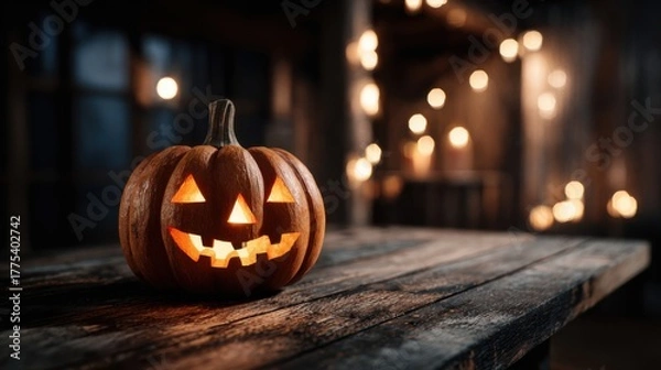 Fototapeta a carved pumpkin sitting on top of a wooden table